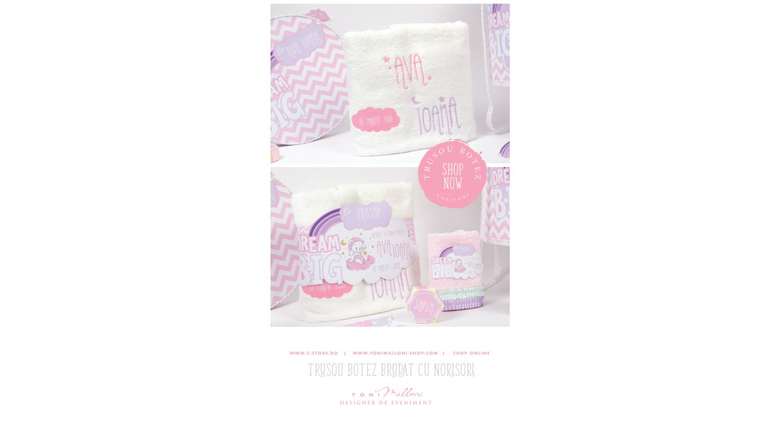 Trusou de botez personalizat si brodat cu norisori pufosi si ursuleti pentru fete, Dream big little girl 18